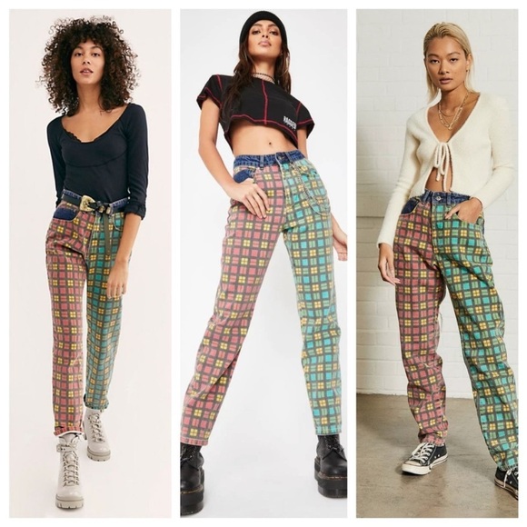 The Ragged Priest Hot Rod Mix Check Mom Jeans in Red & Green - Picture 2 of 15